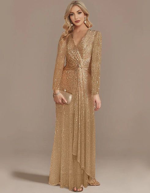 Long Sleeve V-Neck Evening Dress
